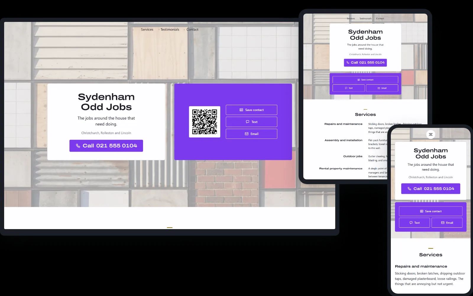 Calling Card on a desktop, a tablet and a phone: a handyman in Christchurch