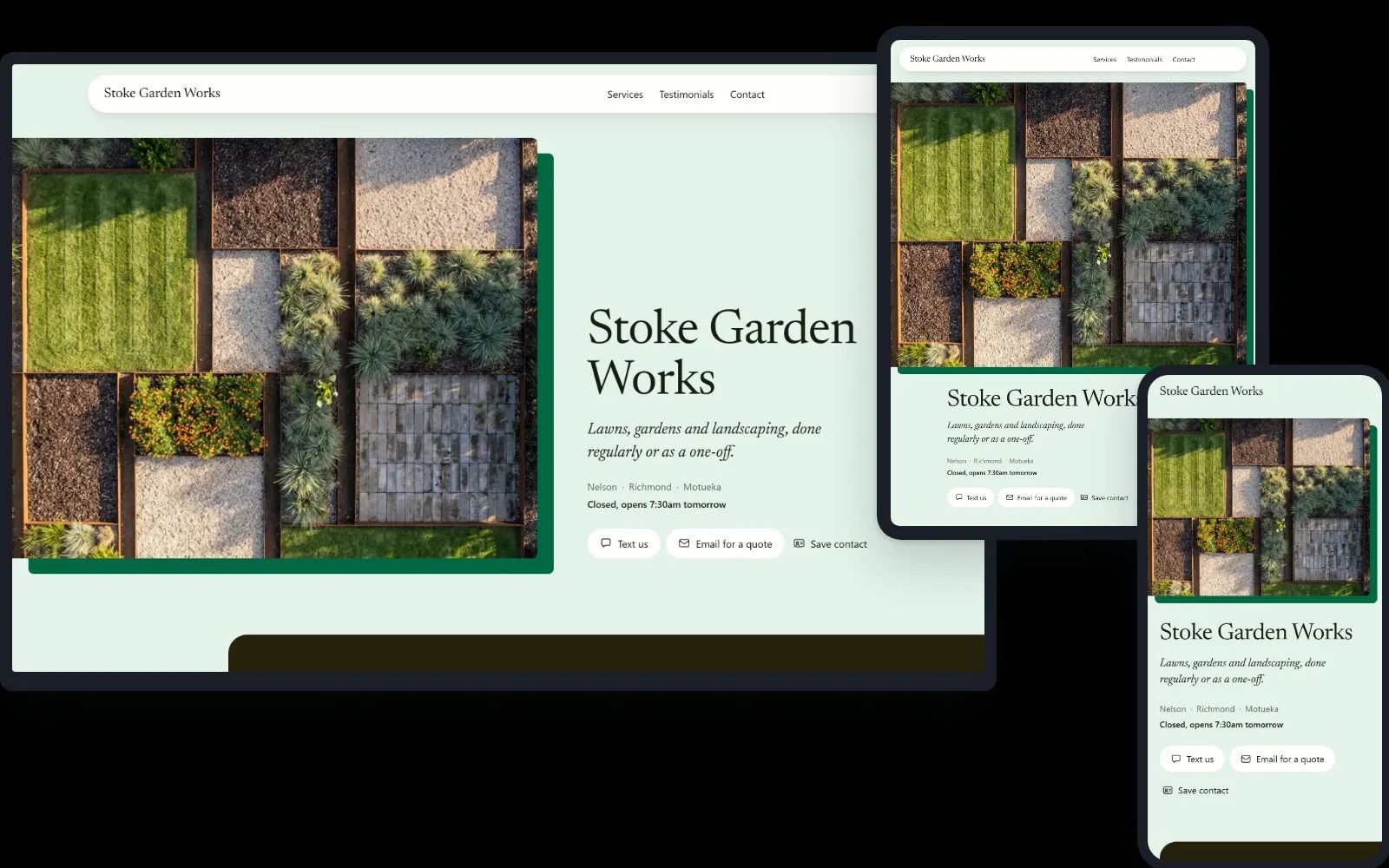 Editorial on a desktop, a tablet and a phone: a landscaper in Nelson