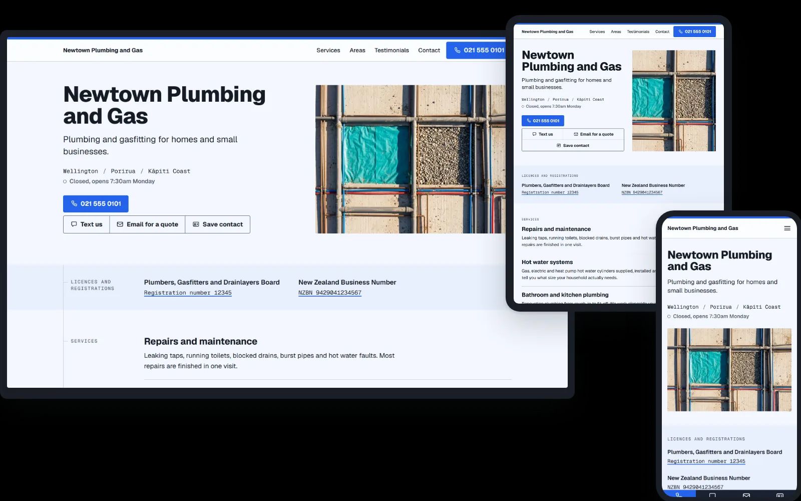 A plumber's one-page site from the builder on a desktop and a phone.