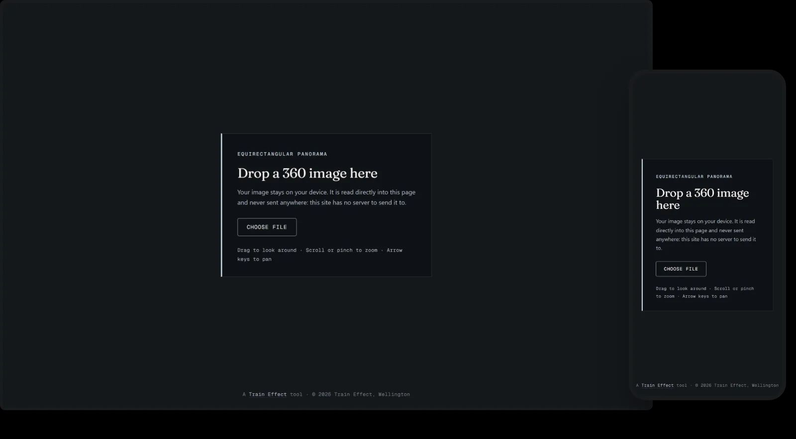 The 360 viewer's first screen on a desktop and a phone: a dark page with a plate reading Drop a 360 image here, a Choose file button, and the controls listed under it.