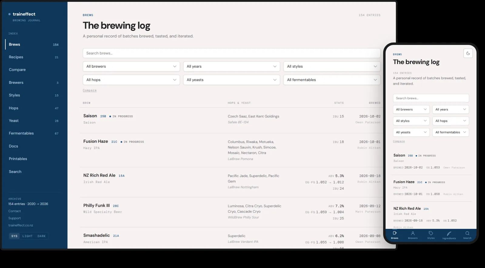 The brewing journal on a desktop and a phone: a list of brews with style, hops, yeast, gravity and date, a sidebar counting brews, recipes, brewers, hops and yeast.