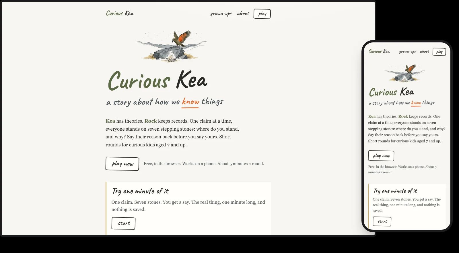 Curious Kea on a desktop and a phone: a drawn kea on a rock above the title, a story about how we know things, and a play now button.