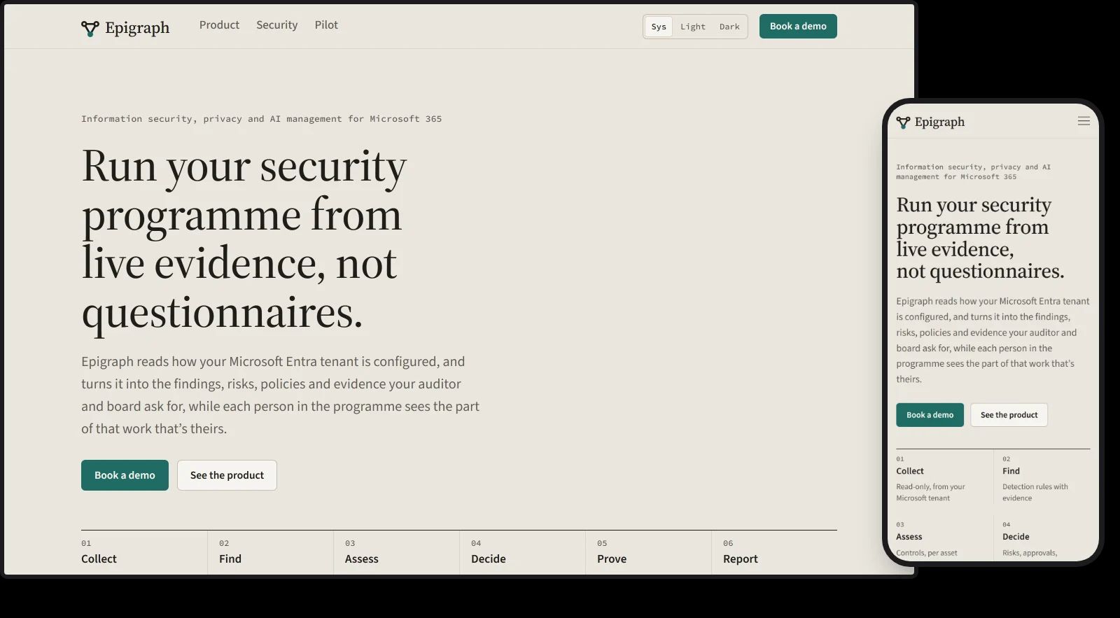 Epigraph's website on a desktop and a phone: the headline, Run your security programme from live evidence, not questionnaires, over the six steps from Collect to Report.
