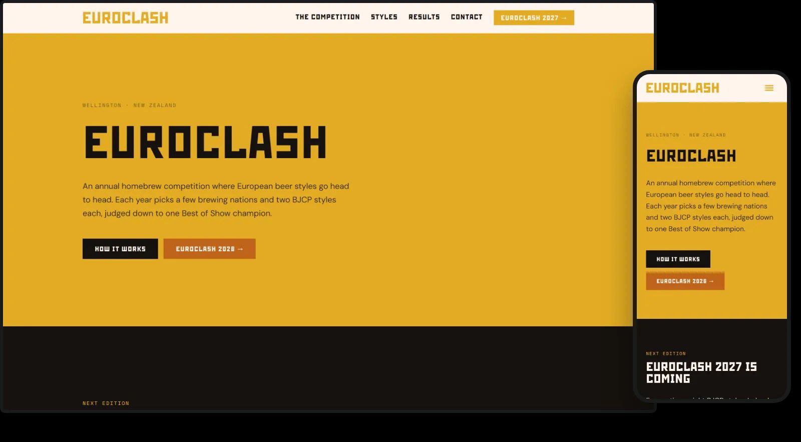 The Euroclash competition site on a desktop and a phone.