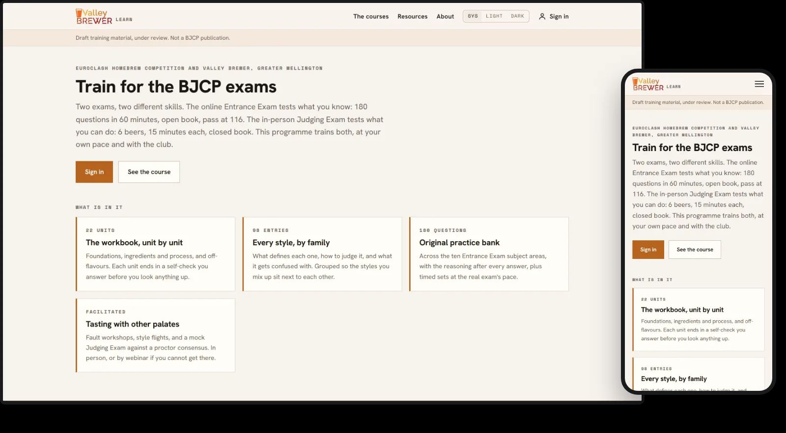 Learn Valley Brewer on a desktop and a phone: the judge training course's front page.