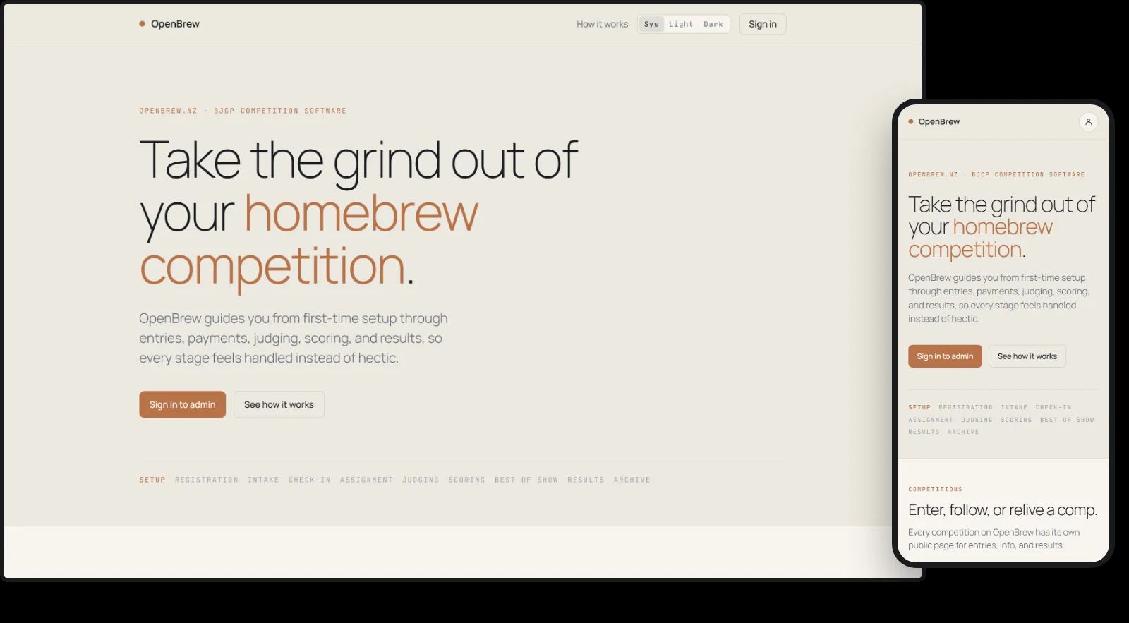 OpenBrew on a desktop and a phone: the competition software's front page.