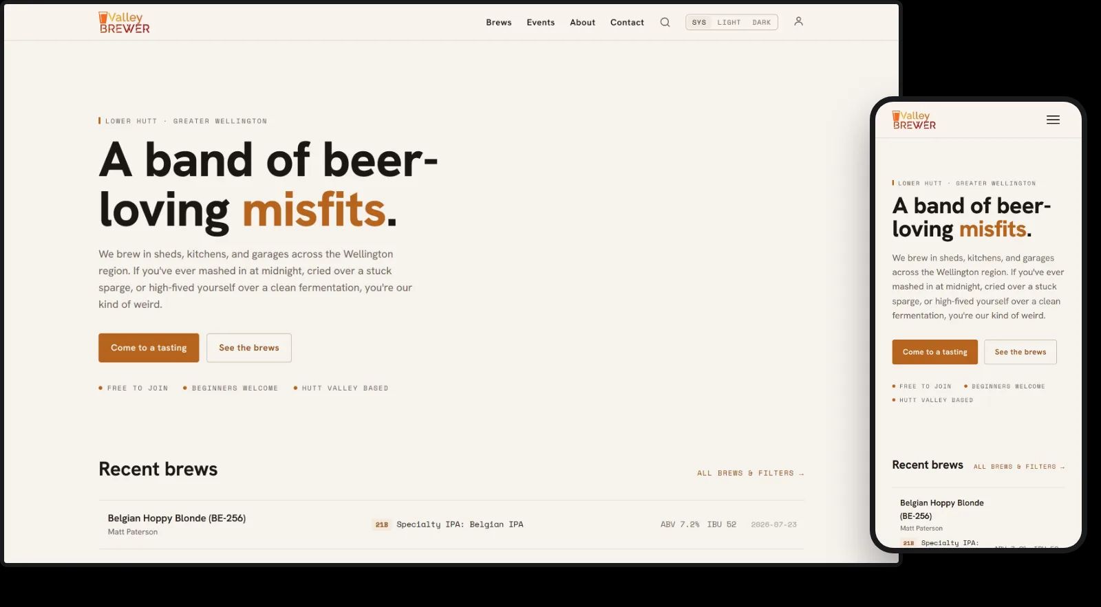 The Valley Brewer club site on a desktop and a phone.