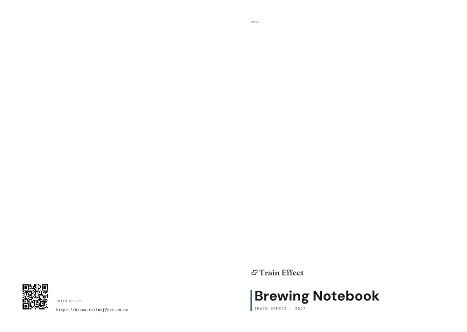 The notebook's cover: a deep blue field with the Train Effect mark, the words Brewing Notebook and the year 2027.