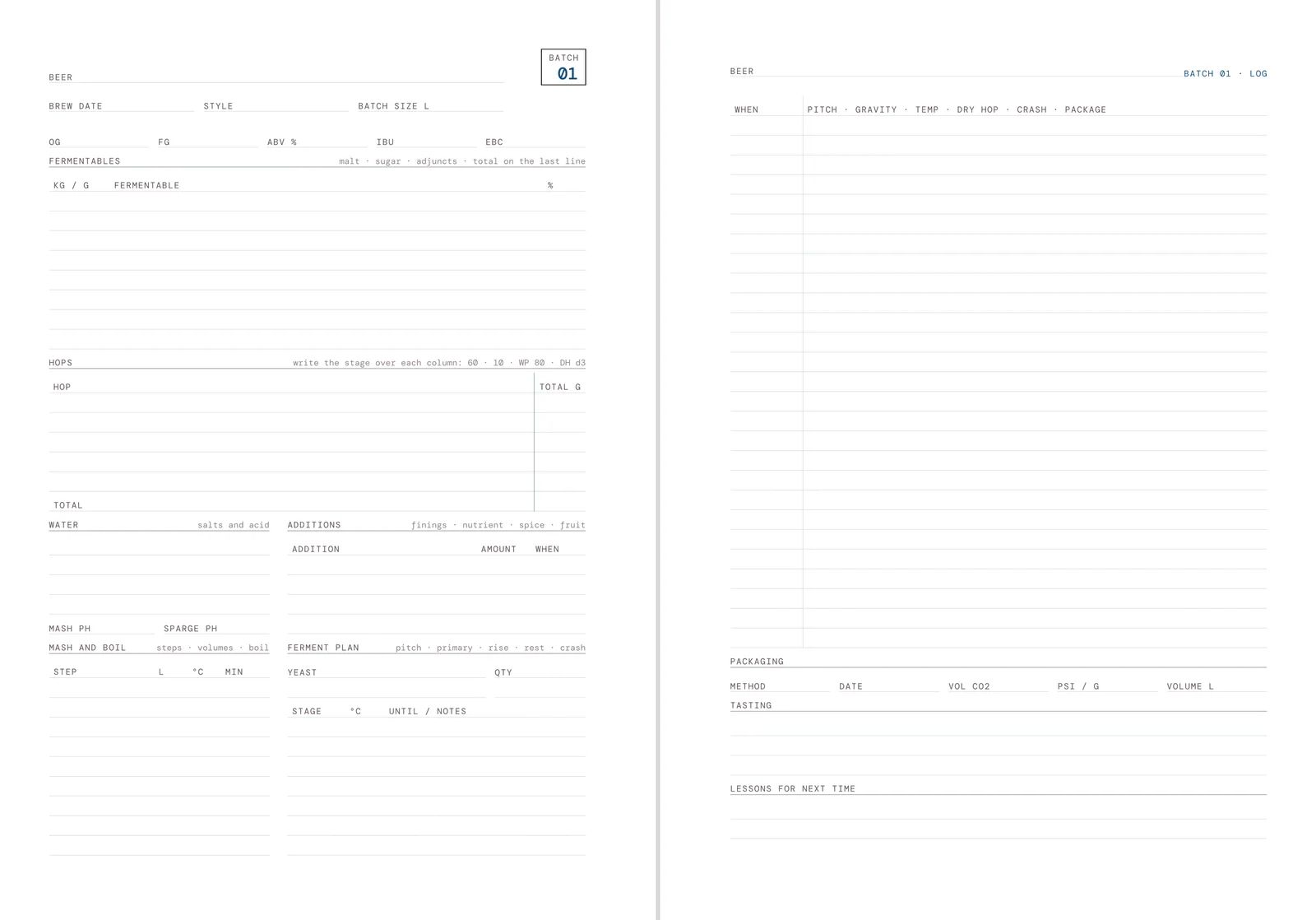 One batch spread of the notebook: the plan page on the left with fermentables, hops, mash and ferment rows, the log page on the right with gravity, timing and tasting rows.