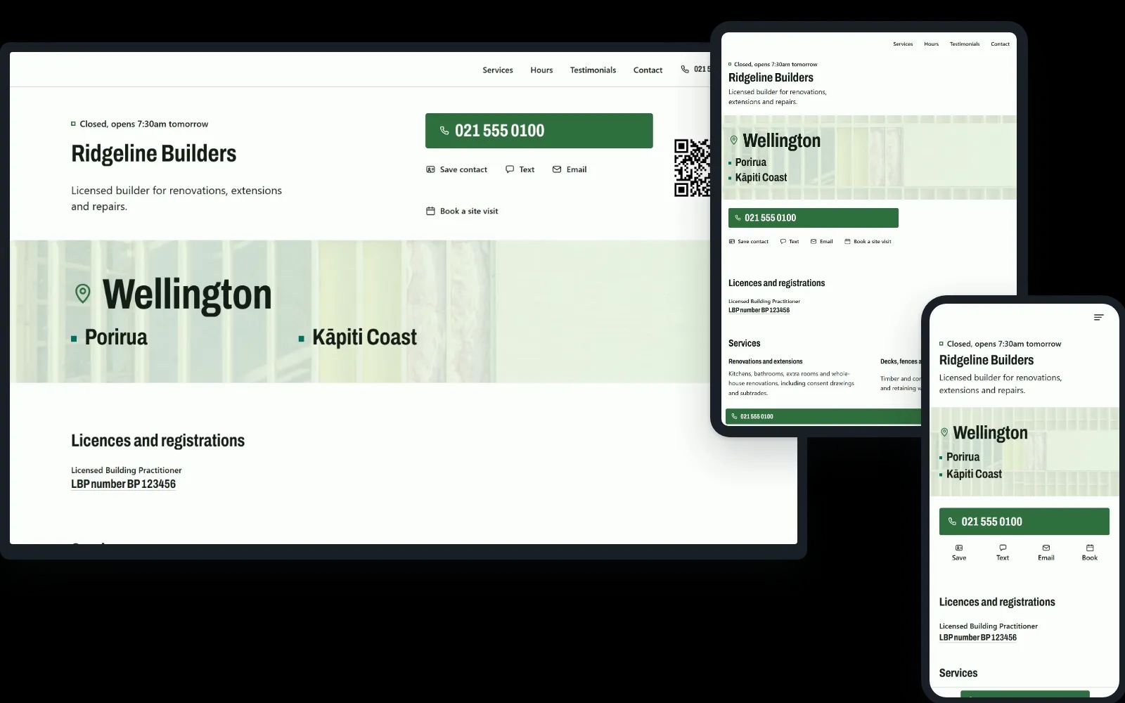 Patch, the template a builder starts on, with the words written for builders. On a desktop, a tablet and a phone.