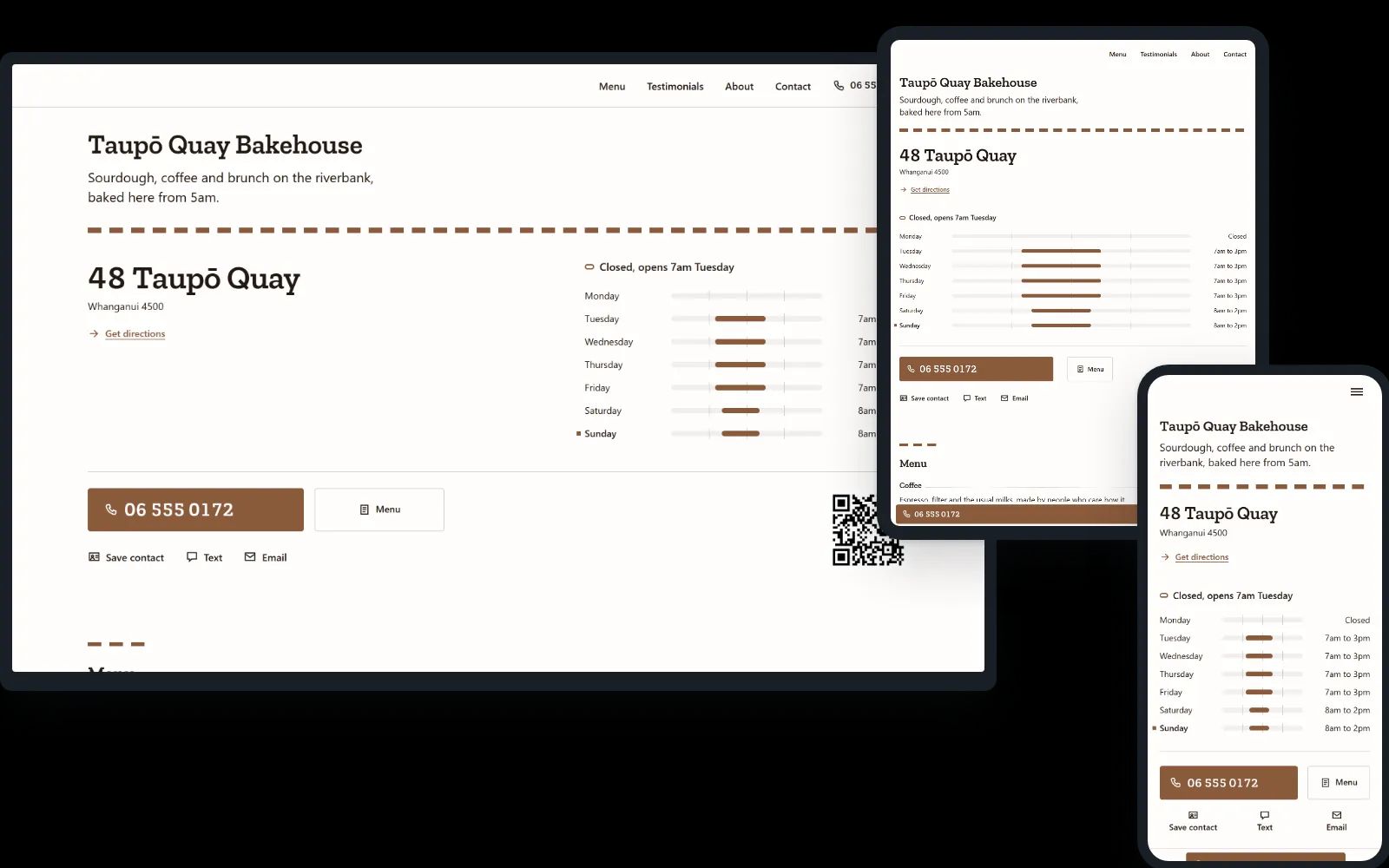 Awning, the template a cafe starts on, with the words written for cafes. On a desktop, a tablet and a phone.
